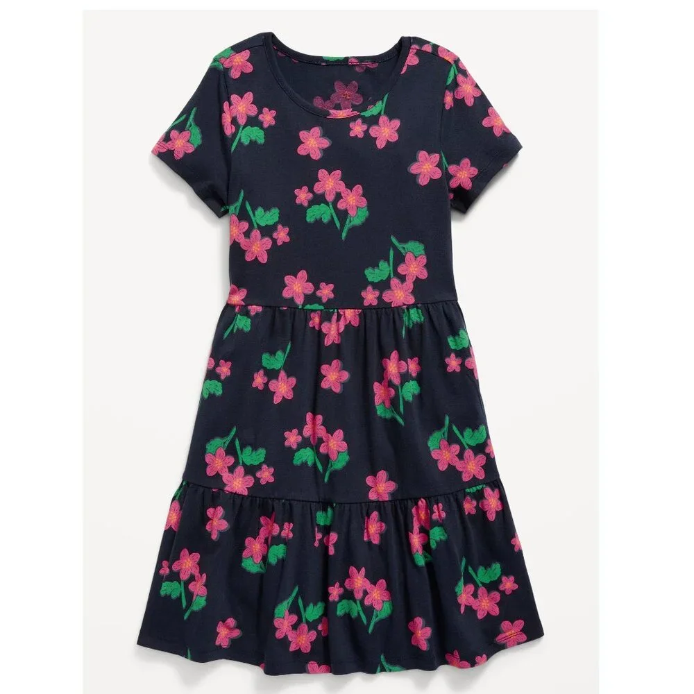 Old Navy Short-Sleeve Tiered Swing Dress for Girls in Navy Floral